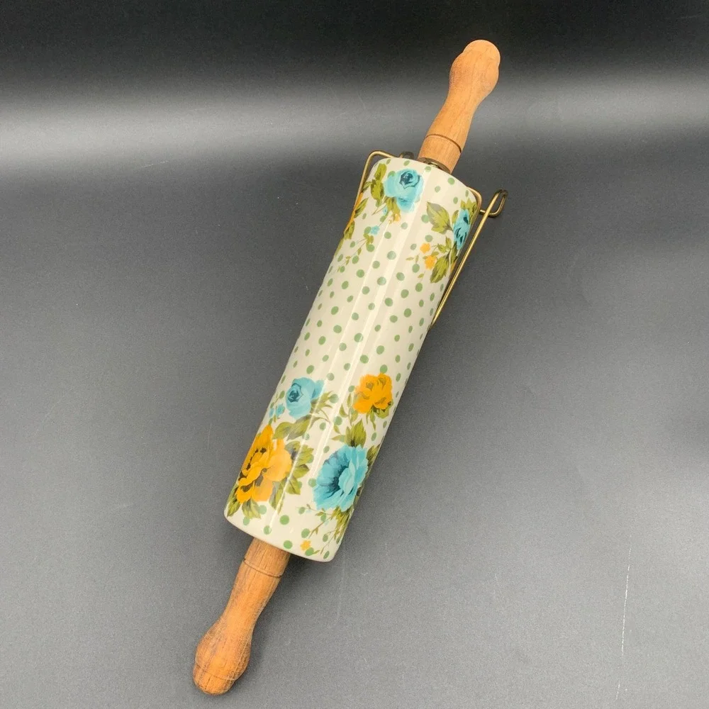 Pioneer Woman Breezy Blossom Ceramic Rolling Pin Wood Handle Floral Dots Retired